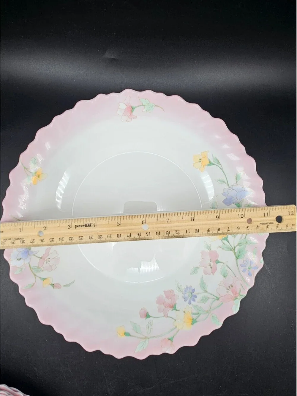 Vtg Arcopal France Elise Large Round Low Serving Bowl Pink Ombre Rim Floral 11